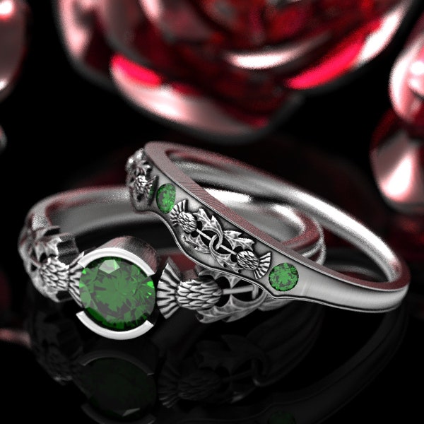 Sterling Scottish Engagement Rings, Thistle Wedding Ring Set, Emerald Celtic Engagement, Scottish Thistle Ring, Matching Ring Set, 1774/75