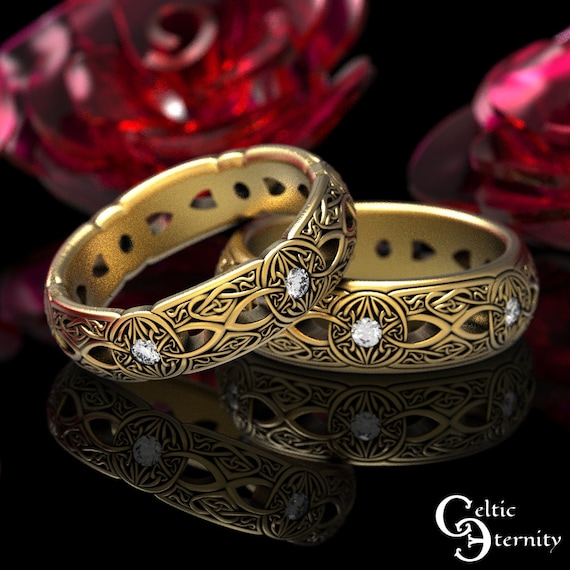 Celtic Gold Wedding Band Set, Gold Moissanite Ring Set, Matching Irish Wedding Rings, Gold Couple Rings, Gold Moissanite Ring Set, 1806 1805