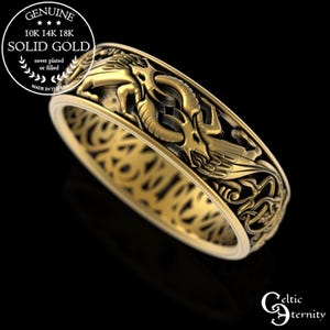 10K Gold Mens Celtic Dragon Ring, 14K Dragon Groom Wedding Ring, Scottish Dragon Jewelry, Platinum Dragon Ring, 18K Welsh Dragon Ring, 1380