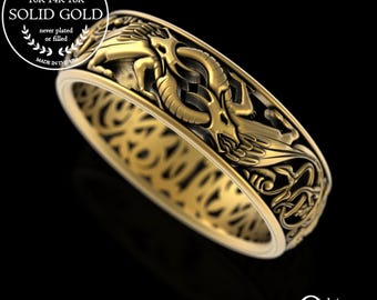10K Gold Mens Celtic Dragon Ring, 14K Dragon Groom Wedding Ring, Scottish Dragon Jewelry, Platinum Dragon Ring, 18K Welsh Dragon Ring, 1380