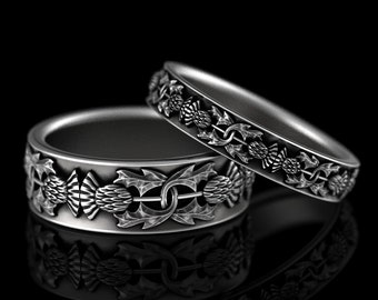 White Gold Thistle Ring Set, Matching 10K White Gold Scottish Wedding Bands, White Gold Celtic His Hers Wedding Rings, Celtic Ring 1770 1771