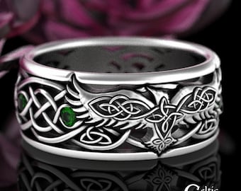 Mens Raven Wedding Band, Sterling Emerald Raven Ring, Norse Wedding Ring, Viking Wedding Band, Viking Jewelry, Celtic Raven Jewelry, 9728