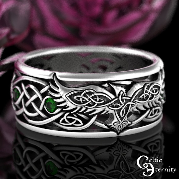Mens Raven Wedding Band, Sterling Emerald Raven Ring, Norse Wedding Ring, Viking Wedding Band, Viking Jewelry, Celtic Raven Jewelry, 9728