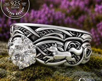 Sterling Moissanite Fox Bridal Wedding Set, Silver Scottish Stacking Marriage Rings, Matching Irish Bridal Set, Twin Flame Foxes, 3071 1971