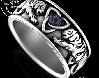Alexandrite Mens Tiger Ring, Sterling Tiger Wedding Ring, Tiger Jewelry, Silver Safari Jewelry, Tiger Spirit Animal, King of Jungle, 3119