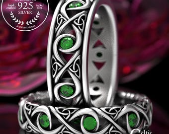 Celtic Emerald Wedding Set, His Her Infinity Wedding Band Set, Sterling Celtic Wedding Ring, Emerald Wedding Band, Infinity Knot 1409 + 1410