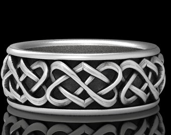 Celtic Sterling Wedding Band, Men Wedding Band, Silver Heart Ring, Heart Wedding Band, Celtic Knot Ring, Men Celtic Ring, Infinity Ring 1264