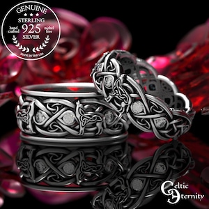 Matching Wolf Wedding Rings, Moissanite Sterling Celtic Rings, His Hers Wolf Rings, Matching Sterling Rings, Celtic Wedding Set, 1267 1269