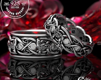 Matching Wolf Wedding Rings, Moissanite Sterling Celtic Rings, His Hers Wolf Rings, Matching Sterling Rings, Celtic Wedding Set, 1267 1269