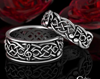 Matching Musical Ring Set, Sterling Silver Matching Music Rings, Sterling Orchestra Rings, Celtic Music Wedding Ring Set, 1207 1715