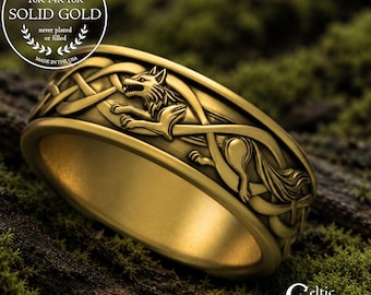 Gold Guardian Wolf Ring, 10K Men's Viking Wedding Band, 14K Celtic Norse Wolf Ring, Platinum Welsh Groom's Wedding Ring, 2111