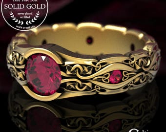 Ruby & Gold Mushroom Ring, Gold Celtic Engagement Ring, Nature Inspired Ring, Botanical Wedding Band, Gold Celtic Wedding Ring, 1536
