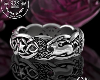 Sterling Rabbit & Moon Ring, Silver Magic Hare Wedding Band, Women Magical Starlight Bunny Statement Ring, Celtic Druid Animal Jewelry, 3284