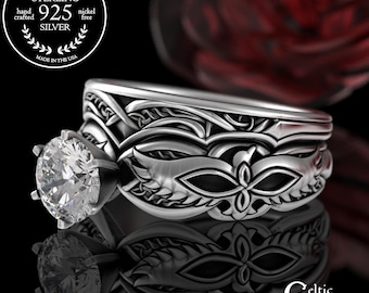 Matching Raven Solitaire Bridal Ring Set, Sterling Crow Fitted Engagement & Accent Wedding Rings, Moissanite Sapphire Alexandrite, 3294 1971