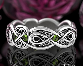 Peridot Infinity Ring, Sterling Peridot Wedding Ring, Peridot Irish Wedding Ring, Womens Peridot Ring, Silver Peridot Celtic Ring, 1411