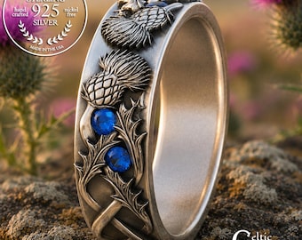 Sapphire Scottish Thistle Ring, Sterling Woman's Celtic Wedding Band, Silver Sapphire Irish Handfasting Ring, Blue Flower Jewelry, 2128