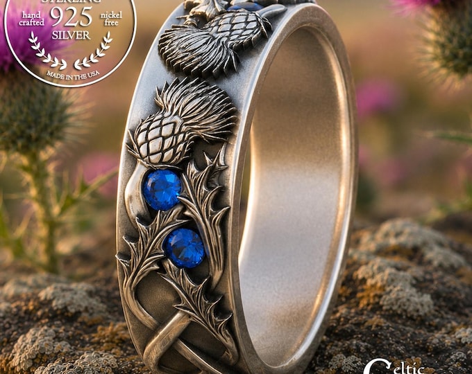 Featured listing image: Sapphire Scottish Thistle Ring, Sterling Woman's Celtic Wedding Band, Silver Sapphire Irish Handfasting Ring, Blue Flower Jewelry, 2128