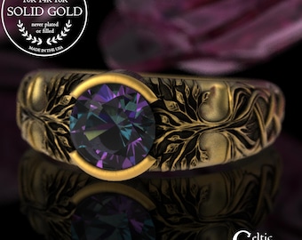 Alexandrite & Gold Tree Engagement, 10K Family Tree Wedding Ring, Druid Solitaire Ring, Platinum Tree Roots Ring, Celtic Tree of Life, 2034