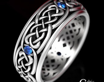 Sapphire & Silver Wedding Band, Modern Celtic Wedding Band, Mens Celtic Ring, Sterling Silver Mens Ring, Mens Celtic Wedding Band, 1584