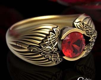 Gold Raven Statement Ring, Celtic Ruby & Gold Handfasting Ring, Platinum Corvid Ring, Ruby Avian Wedding Ring, Mens Elegant Irish Ring, 1491