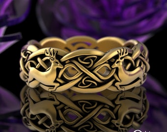 Womens Gold Deer Ring, 10K Celtic Stag Wedding Band, 14K Irish Deer Ring, Gold Bambi Ring, Gold Forest Witch Ring, Scottish Deer Ring, 3125
