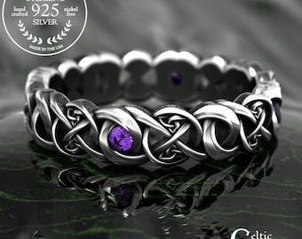 Amethyst Infinity Band for Irish Bride, Sterling Silver Woven Handfasting Ring, Silver & Amethyst Scottish Design Women's Wedding Ring, 1986