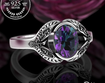 Viking Alexandrite Engagement Ring, Sterling Silver Raven Womens Solitaire Ring, Alexandrite Celtic Wedding Ring, Nordic Bird Ring, 3144