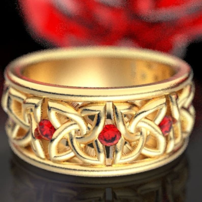Made in Your Size CR-1010 platinum or palladium 10K 14K 18K Celtic Wedding Ring with Rubies in 4 Petal Flower Dara Knot Design Sterling
