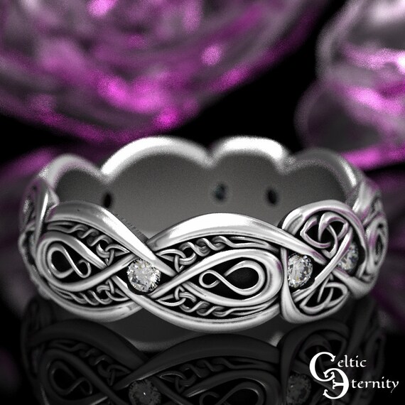 Moissanite Celtic Ring, Celtic Infinity Ring, Knotwork Wedding Ring, Sterling Silver Celtic Wedding Band, Silver Eternity Wedding Ring, 1411