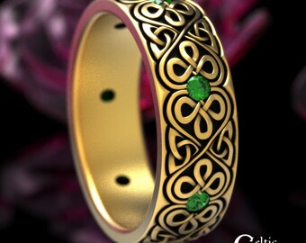 Emerald 14K Gold Celtic Ring, Mens Emerald Ring, Welsh Gold Wedding Ring, Celtic Emerald Wedding Band, Solid Gold Celtic Wedding Band, 1829