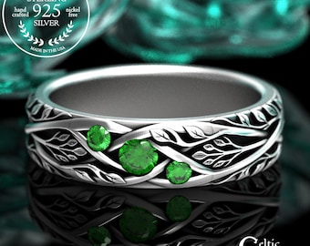 Celtic Emerald Woodland Ring, Sterling Irish Bride Forest Ring, Silver Scottish Woman Wedding Band, Woven Tree Leaves Jewelry, 2132
