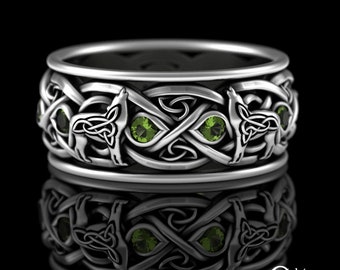 Wolves Spirit Animal Ring, Mens Peridot Wolf Wedding Band, Sterling Wide Celtic Groom Ring, Nordic Wolf Totem Ring, Man Norse Ring, 1269