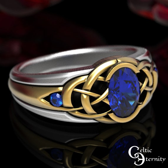 Sterling + 10K Gold Knotwork Ring, 2Tone Celtic Ring, Sapphire Statement Ring, 10K Anniversary Ring, 2tone Sapphire Engagement Ring, 1654