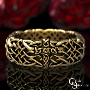 Mens Gold Cross Ring, Irish Cross Ring, Gold Celtic Cross Ring, Men Celtic Cross Wedding Band, 14K Men Wedding Band, 10K Cross Ring, 1873