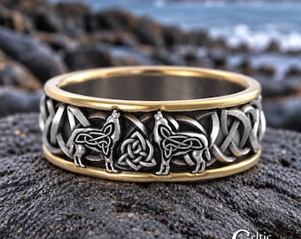 Celtic Wolf 2-Tone Ring in Sterling Silver & 10K Gold, Wolf Wedding Band, Viking Wolf Ring, Norse Ring for Him, Nordic Wolf Ring, 1702