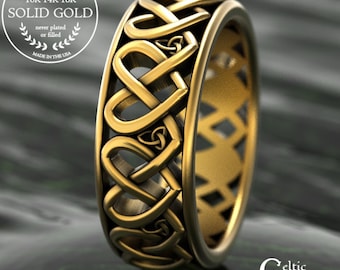 Yellow/White Gold Welsh Heart Knotwork Ring, 10K 14K Gold Irish Braided Hearts Wedding Band, Platinum Interlocking Hearts Celtic Groom, 2000