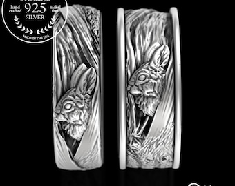 Sterling Silver Rabbit Wedding Set, Matching Couples Burrowkin Wedding Bands, Silver Lapin Druid Handfasting Rings, Bunny Rings, 1796 3179