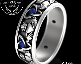 Mens Sterling Claddagh Ring, Sapphire Claddagh Wedding Band, Silver Irish Heart Crown Ring, Sapphire Crown Wedding Ring, Handfast Ring, 3079