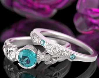 Thistle Engagement Ring Set, Topaz Engagement Ring, Sterling Scottish Solitaire, Matching Engagement Rings, Topaz Engagement Set, 1774 1775