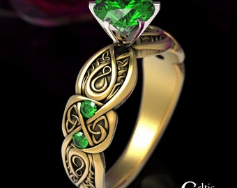 Emerald & Gold Ring, Celtic Emerald Engagement Ring, Gold Celtic Wedding Ring, Gold Infinity Ring, White Gold Emerald Eternity Ring, 1652