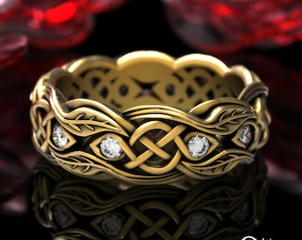 Gold & Moissanite Leaf Celtic Knotwork Ring, 10K 14K Gold Irish Nature Wedding Band, Womens White Gold Botanical Inspired Wedding Ring, 1963