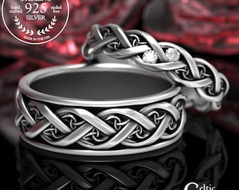 His Hers Moissanite & Silver Celtic Wedding Band Set, Modern Wedding Bands, Matching Woven Rings, Eternity Infinity Braid Ring, 1418 + 1419