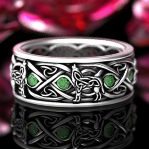 Sterling Silver Wolf Ring, Men's Celtic Wedding Band, Emerald Wolf Ring, Celtic Wedding Ring, Celtic Emerald Ring, Wide Mens Ring, 1269 image 1