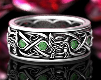 Sterling Silver Wolf Ring, Men's Celtic Wedding Band, Emerald Wolf Ring, Celtic Wedding Ring, Celtic Emerald Ring, Wide Mens Ring, 1269