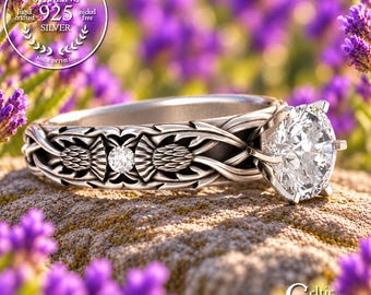 Sterling & Moissanite Bridal Thistle Engagement Ring, Silver Scottish Thistle Proposal, Women's Celtic Flower Wedding Ring, 3062