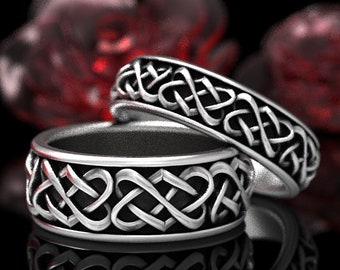 Celtic Wedding Ring Set, Sterling Silver Heart Wedding Bands, Matching Wedding Rings, Silver Infinity Wedding Love Knot Ring 1264 + 1265