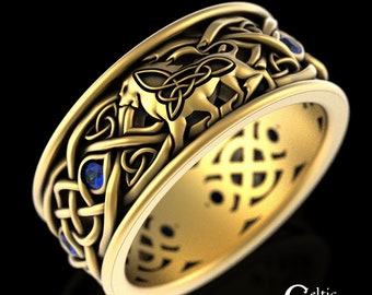 10K Sapphire Mens Lion Ring, Gold Lion Celtic Wedding Ring, 14K Gold Scottish Ring, Mens Gold Irish Ring, 18K Lion Ring, Gold Leo Ring, 3049