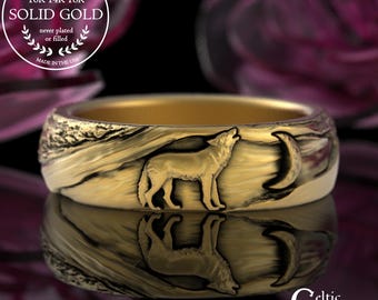 Gold Lone Wolf with Crescent Moon Ring, 14K White Gold Wolf Howling at Moon Ring, Platinum Wolf Totem Jewelry, Animal Warrior Spirit, 3288