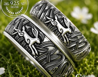 Sterling Rabbit Ring Set, Matching Sterling Wedding Rings, Silver Bunny Rings, Celtic Hare Wedding Bands, Rabbit Wedding Bands, 1906 1905