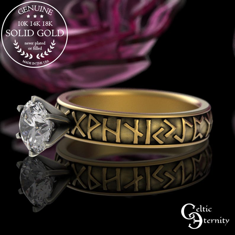 10K Gold Norse Rune Engagement Ring, 14K White Gold Viking Bridal Ring ...